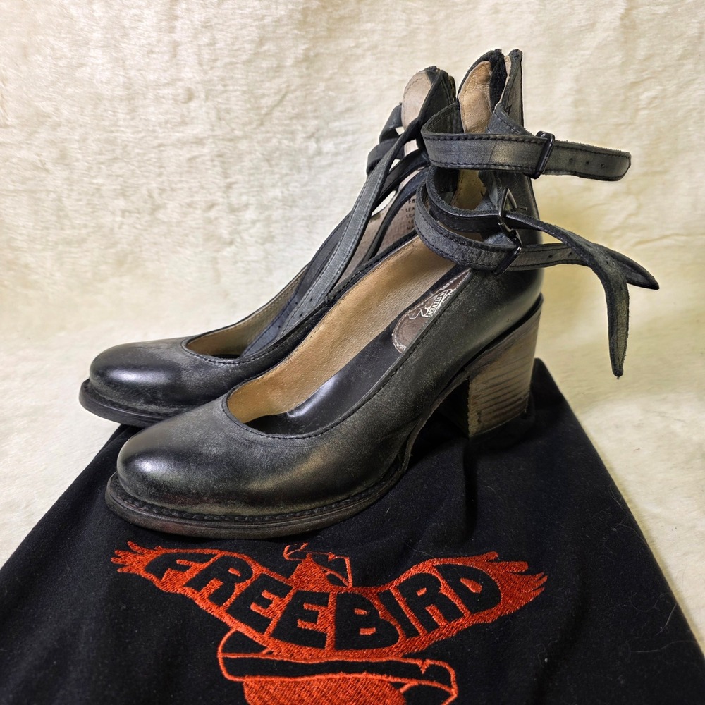 Freebird by Steven Randi Leather Ankle Wrap Heels Black Strappy Women 7 NEW